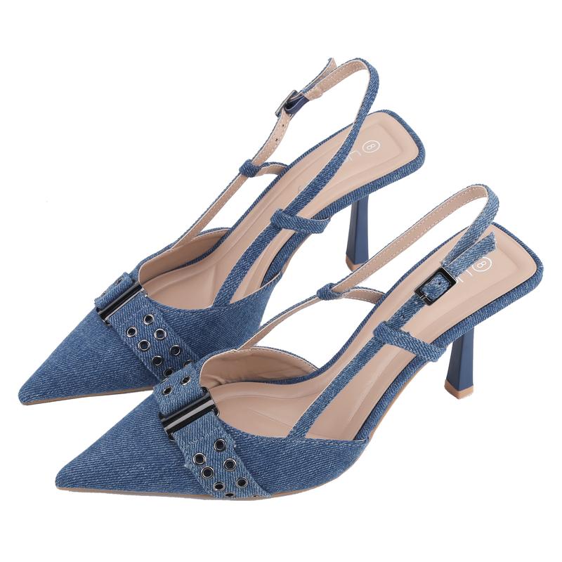 Belovely Denim Slingback Heels, Closed Pointed Toe, Strappy Ankle Buckle Stiletto,Stylish Walking Shoes for Women comfy heels Girl Footwear daily wear