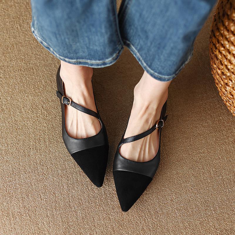 Retro Brown Pointed Toe Pumps Women's Soft Leather New Flat Heel Low-Cut Pumps Buckle Flat Shoes