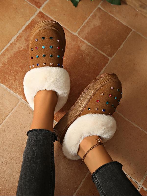 Women's Fashionable Rhinestone Decorated Plush Slippers, Casual Comfortable Home Slippers, Warm Slippers for Indoor & Outdoor Use for Winter