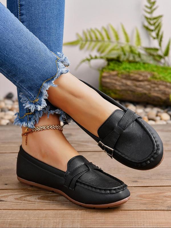 Women's Solid Color Round Toe Flat Shoes, Casual Comfortable Slip on Shoes for Daily Wear, Breathable Lightweight Pu Leather Shoes for All Seasons