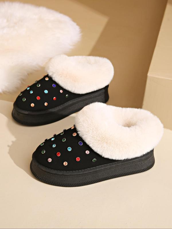 Women's Fashionable Rhinestone Decorated Plush Slippers, Casual Comfortable Home Slippers, Warm Slippers for Indoor & Outdoor Use for Winter