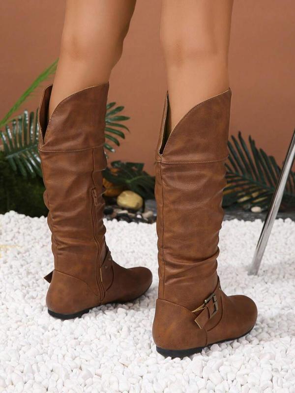 Women's American Retro Style Rivet Design Ruched Side Zipper Boots, Casual Round Toe Knee Boots for Daily Wear, Comfortable Shoes for Women & Girls