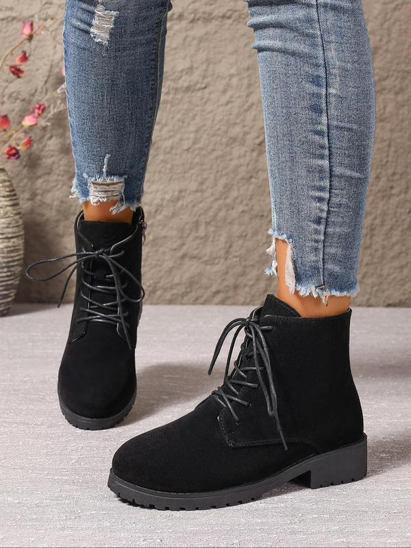 Women's Fashionable Solid Color Lace Up Side Zipper Boots, Casual Comfortable Round Toe Boots for Daily Wear, Perfect for Students and Outdoor for Women & Girls