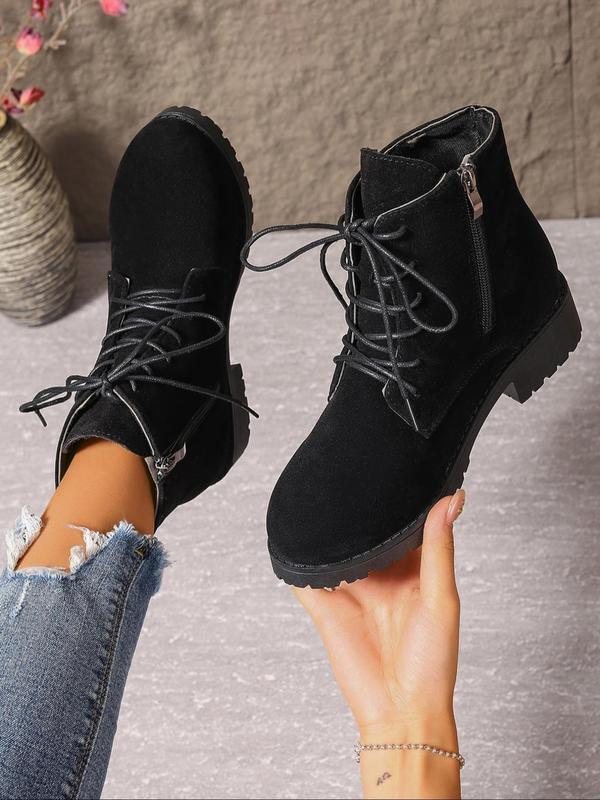 Women's Fashionable Solid Color Lace Up Side Zipper Boots, Casual Comfortable Round Toe Boots for Daily Wear, Perfect for Students and Outdoor for Women & Girls