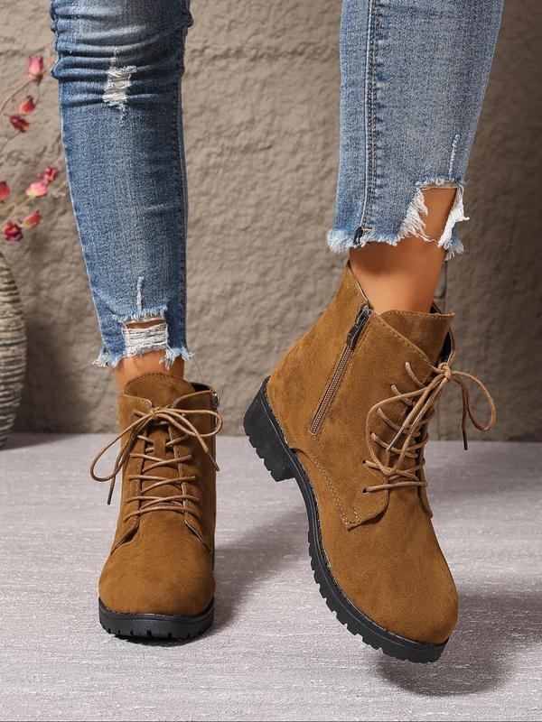 Women's Fashionable Solid Color Lace Up Side Zipper Boots, Casual Comfortable Round Toe Boots for Daily Wear, Perfect for Students and Outdoor for Women & Girls