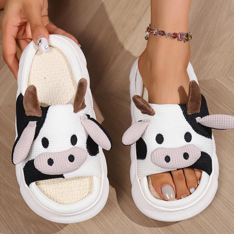 Women's Men's Cow Slippers, Cow Linen Slippers, Cow Cloud Slide Pillow Slippers Sandals Walking Shoes Footwear Soft Classic