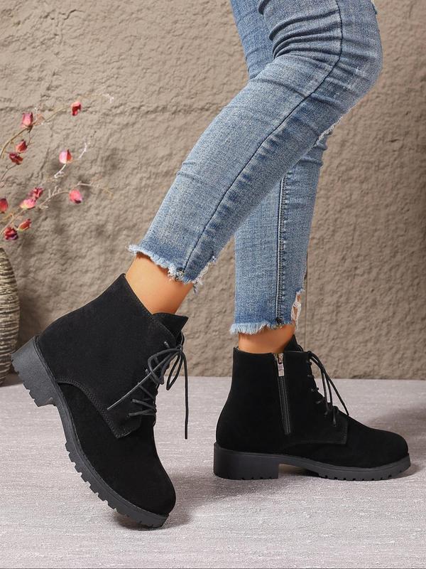 Women's Fashionable Solid Color Lace Up Side Zipper Boots, Casual Comfortable Round Toe Boots for Daily Wear, Perfect for Students and Outdoor for Women & Girls