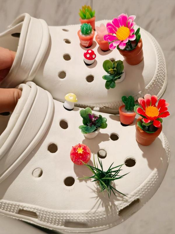 Women's Cute Pot Plants & Flower Design Clogs Charms, 12pcs set Trendy Novelty Colorful Shoes Charms, Chic Shoes Accessories for Clogs Decor