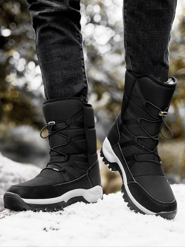 Men's Solid Color Lace Up Decor Velcro Snow Boots, Casual Comfortable Warm Thermal Mid-calf Boots for Outdoor Activities, Male All-match Round Toe Shoes for Fall & Winter