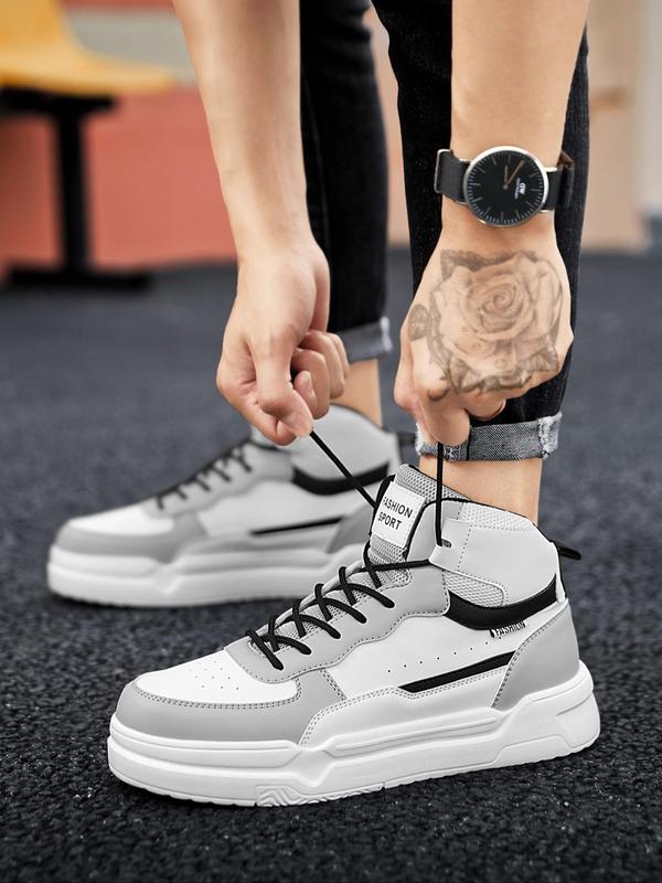 Men's Fashion Letter Patch Patchwork Design Lace Up Front High Top Sneakers, Casual Breathable Comfortable Sports Shoes for Daily Wear, Perfect for Students and Outdoor Sports, for Fall