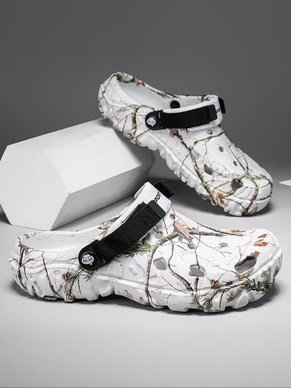 Men's Random Plants Print Hollow Out Clogs, Casual Comfortable Breathable Clogs, Fashionable Shoes for Indoor & Outdoor Wear