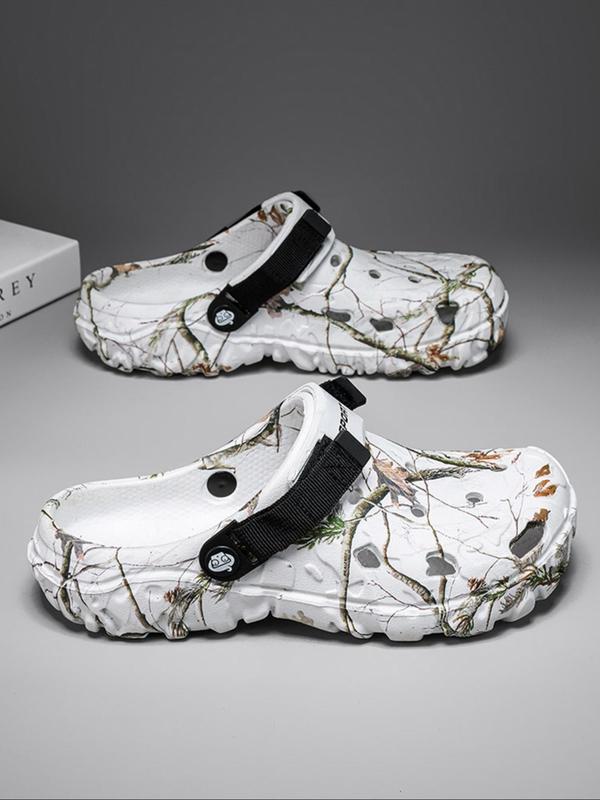 Men's Random Plants Print Hollow Out Clogs, Casual Comfortable Breathable Clogs, Fashionable Shoes for Indoor & Outdoor Wear