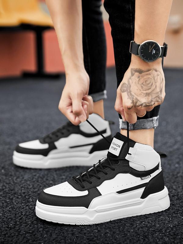 Men's Fashion Letter Patch Patchwork Design Lace Up Front High Top Sneakers, Casual Breathable Comfortable Sports Shoes for Daily Wear, Perfect for Students and Outdoor Sports, for Fall