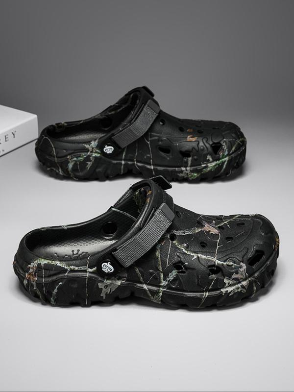 Men's Random Plants Print Hollow Out Clogs, Casual Comfortable Breathable Clogs, Fashionable Shoes for Indoor & Outdoor Wear