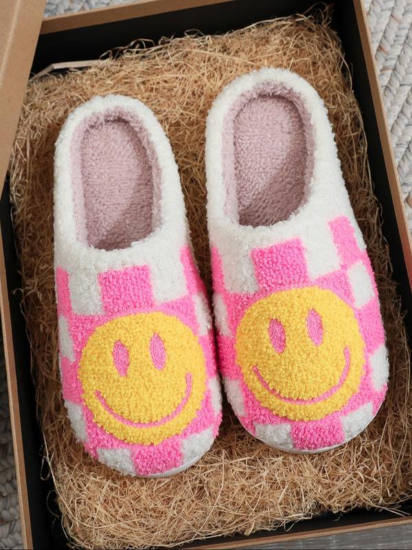 Colorblock Plaid & Smile Face Pattern Plush Slippers, Fashionable Home Slippers for Indoor Outdoor Wear, Fluffy Fall & Winter House Shoes for Women, Fall Outfit、Fall Freshness