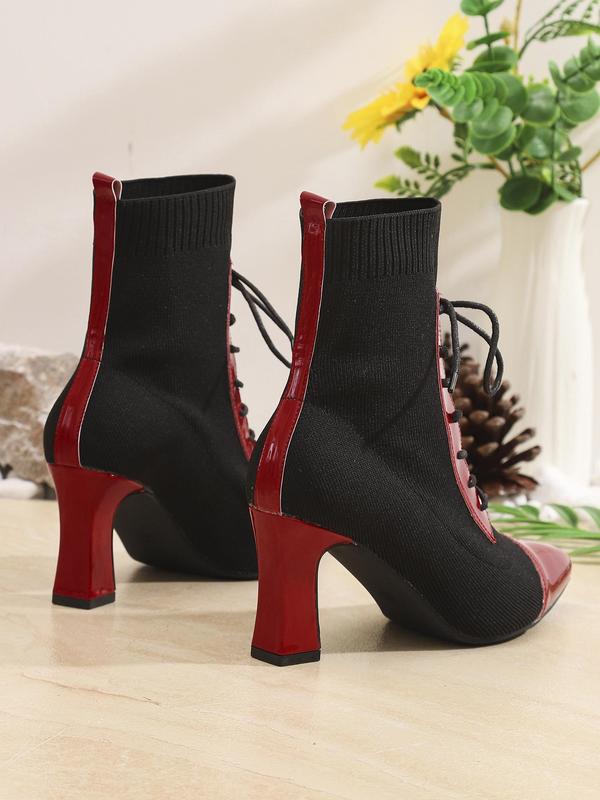 Women's Fashionable Patchwork Design Lace Up Ankle  Knitted Stretch Boots, Casual Comfortable Pointed Toe High Heel Boots for Daily Wear, Perfect for Office, Leisure, Festival