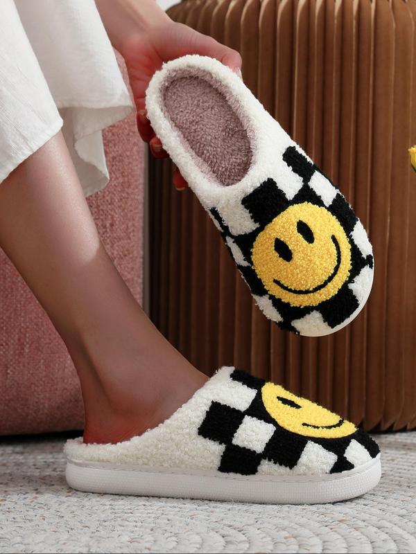 Colorblock Plaid & Smile Face Pattern Plush Slippers, Fashionable Home Slippers for Indoor Outdoor Wear, Fluffy Fall & Winter House Shoes for Women, Fall Outfit、Fall Freshness