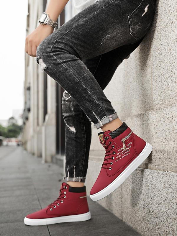 Men's Fashionable Letter Patched Design Lace Up High Top Sneakers, Casual Comfortable Sports Shoes for Outdoor Activities, Male All-match Round Toe Shoes for Men for Daily Wear