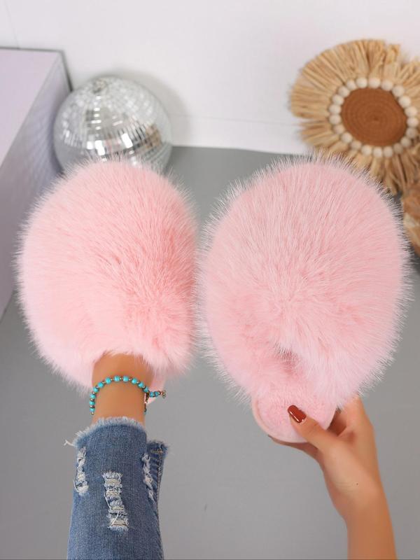 Women's Cute Plain Color Fluffy Plush Slippers, Casual Soft Comfortable Home Slippers, Warm Slippers for Indoor & Outdoor Use for Fall & Winter