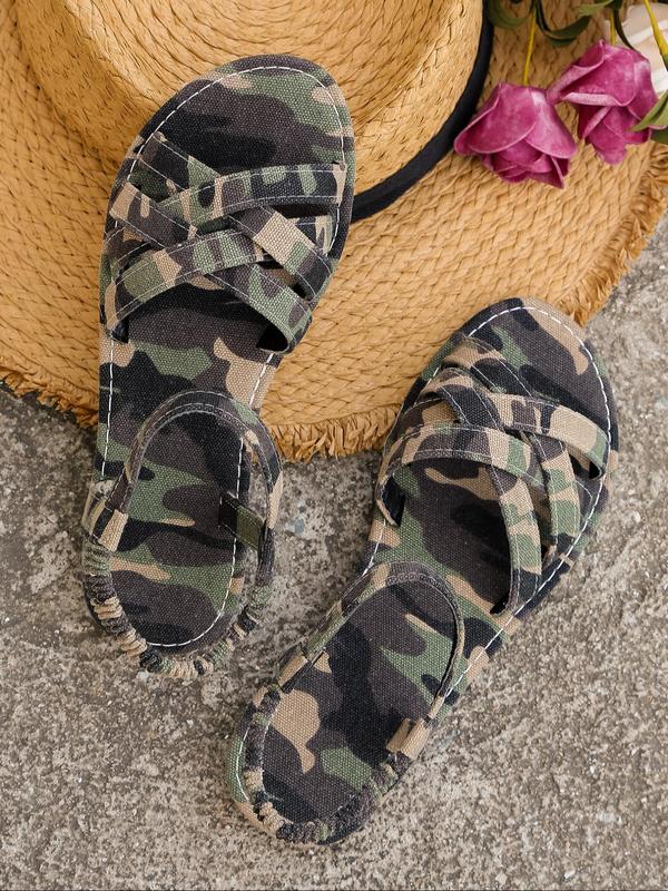 Women's Summer Fashionable Camo Print Slip on Sandals, 2024 New Style Casual Open Toe Sandals for Summer, Lightweight Breathable Non-slip Sandals for Outdoor Back To School Wear