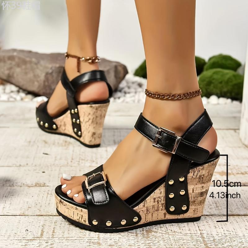 Vibrant Wedge Sandals - Effortlessly Chic Casual Style, Thick Platform, Adjustable Ankle Buckle Strap, Glamorous Studded Decor, Ultra-Comfortable Design - Designed Exclusively for Women, Stylish Shoes footwear Girl Walking Shoes Summer Rubber