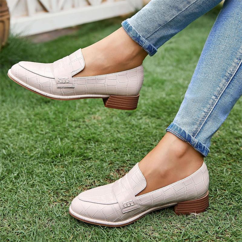 Womens Classic Penny Loafers Crocodile Print Casual Mid Stacked Heel Comfort Slip On Office Oxford Dress Shoes