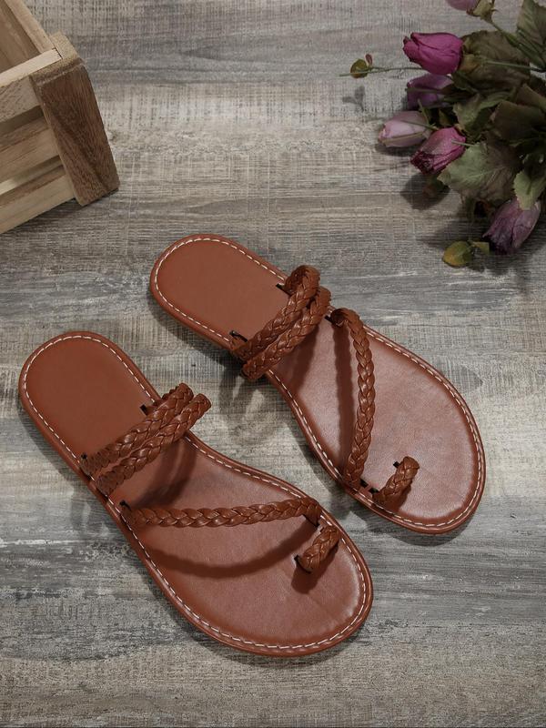 Women's Fashionable Braided Design Loop Toe Slip on Sandals, Casual Flat Sandals for Beach, Outdoor, Daily Wear