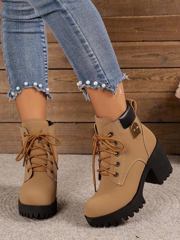 Women's Fashionable Lace Up Front Platform Ankle Boots, Casual Comfortable Warm Thick Sole Heeled Boots for Fall & Winter, All-match Boots for Daily Wear