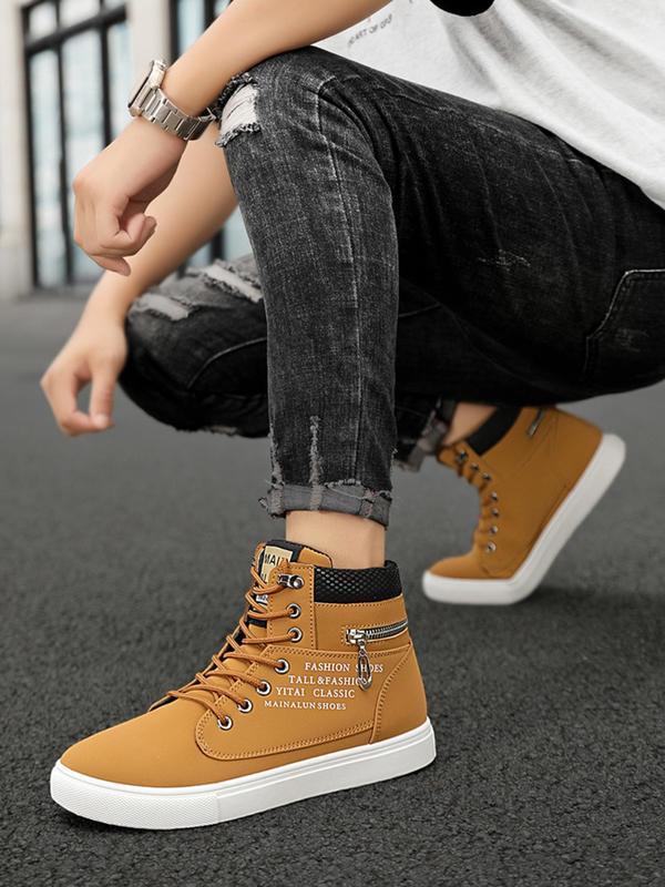 Men's Fashionable Letter Patched Design Lace Up High Top Sneakers, Casual Comfortable Sports Shoes for Outdoor Activities, Male All-match Round Toe Shoes for Men for Daily Wear