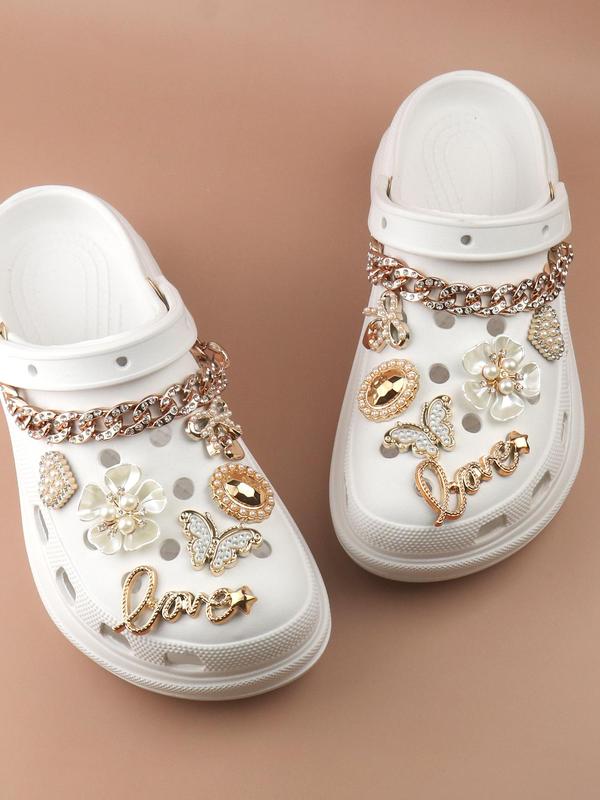 14pcs Fashionable Rhinestone & Letter Decorated Shoes Decorations, Chain & Bowknot Design Shoes Charm For Vented Crocs Clogs Decoration