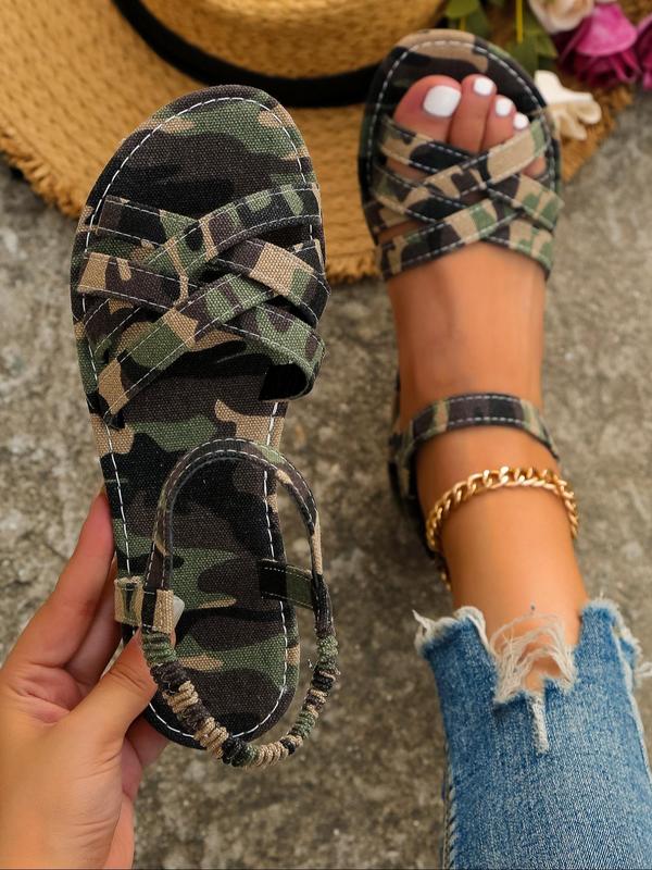 Women's Summer Fashionable Camo Print Slip on Sandals, 2024 New Style Casual Open Toe Sandals for Summer, Lightweight Breathable Non-slip Sandals for Outdoor Back To School Wear