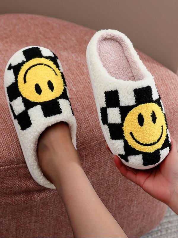 Colorblock Plaid & Smile Face Pattern Plush Slippers, Fashionable Home Slippers for Indoor Outdoor Wear, Fluffy Fall & Winter House Shoes for Women, Fall Outfit、Fall Freshness