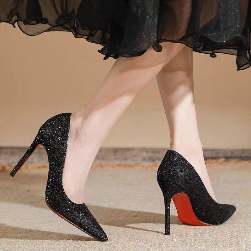 Fashion Casual High Heels Wedding Shoes Party Shoes Women's Black Paillette Stiletto Heel Pointed Bridesmaid Red Bottom Pumps Trendy All-Match Classy Walking Shoes