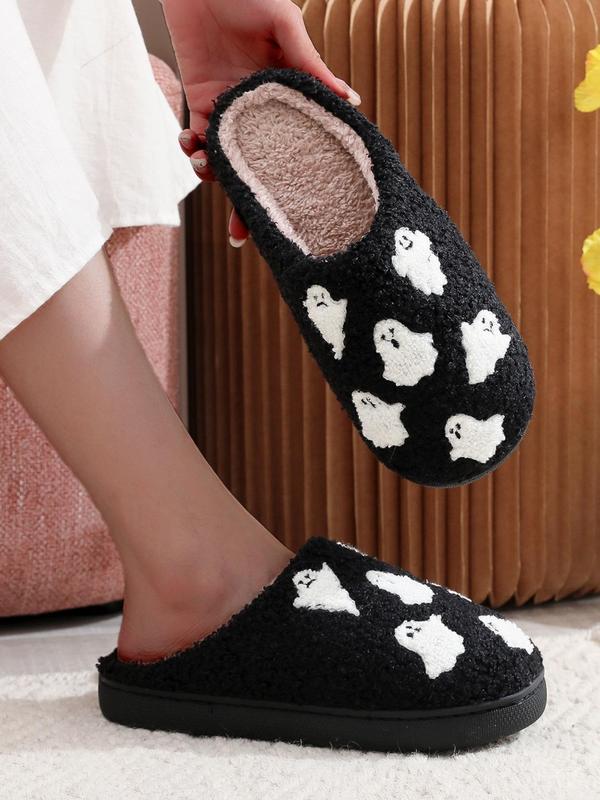 Women's Cartoon Ghost Pattern Plush Slippers, Halloween Slippers, Casual Soft Comfortable Home Slippers, Warm Slippers for Indoor & Outdoor Use for Fall & Winter