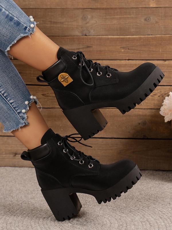 Women's Fashionable Lace Up Front Platform Ankle Boots, Casual Comfortable Warm Thick Sole Heeled Boots for Fall & Winter, All-match Boots for Daily Wear