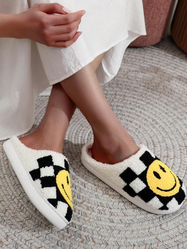 Colorblock Plaid & Smile Face Pattern Plush Slippers, Fashionable Home Slippers for Indoor Outdoor Wear, Fluffy Fall & Winter House Shoes for Women, Fall Outfit、Fall Freshness