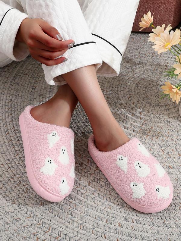 Women's Cartoon Ghost Pattern Plush Slippers, Halloween Slippers, Casual Soft Comfortable Home Slippers, Warm Slippers for Indoor & Outdoor Use for Fall & Winter