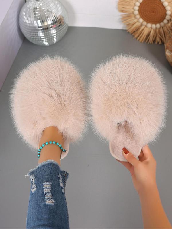 Women's Cute Plain Color Fluffy Plush Slippers, Casual Soft Comfortable Home Slippers, Warm Slippers for Indoor & Outdoor Use for Fall & Winter