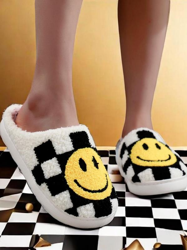 Colorblock Plaid & Smile Face Pattern Plush Slippers, Fashionable Home Slippers for Indoor Outdoor Wear, Fluffy Fall & Winter House Shoes for Women, Fall Outfit、Fall Freshness