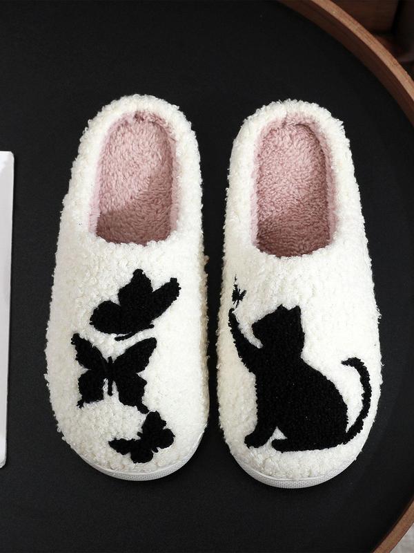 Women's Cartoon Cat & Butterfly Pattern Plush Slippers, Casual Soft Comfortable Home Slippers, Warm Slippers for Indoor & Outdoor Use for Fall & Winter