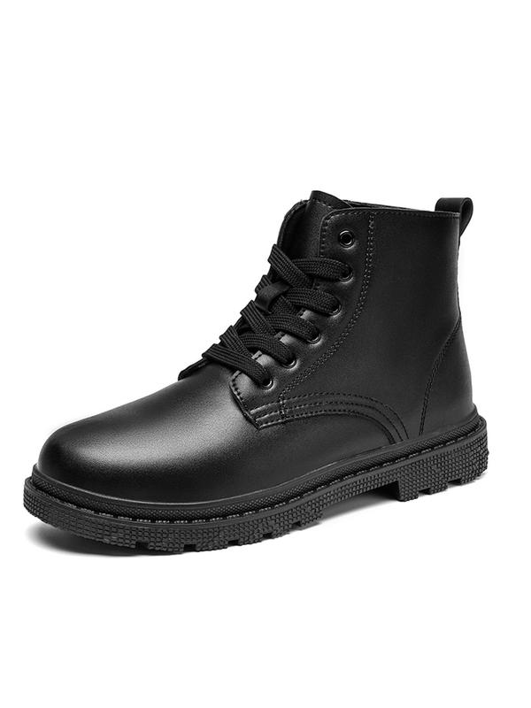 Men's Plain Round Toe Lace-up Front PU Leather Boots, Casual Outdoor Boots For Fall & Winter