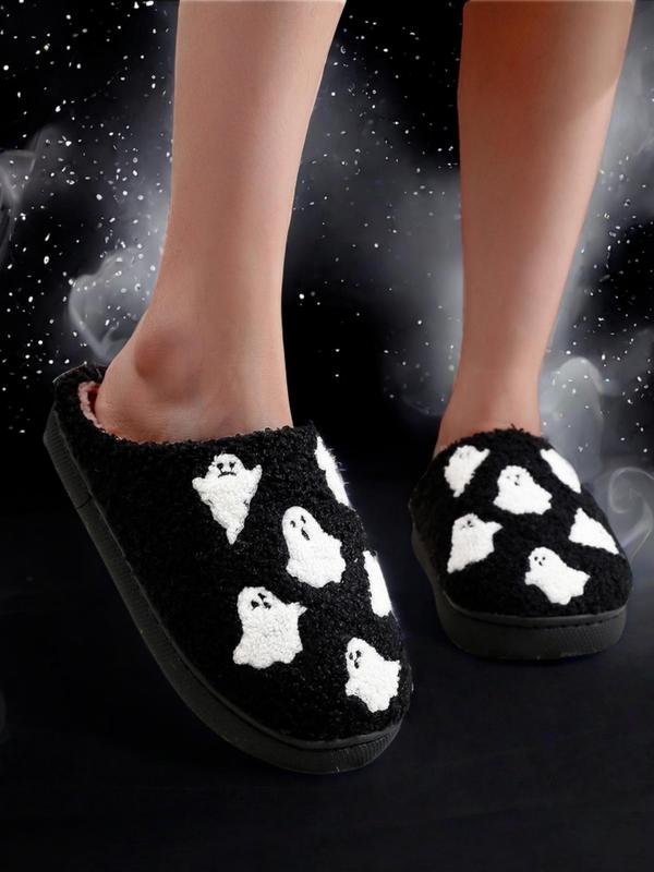 Women's Cartoon Ghost Pattern Plush Slippers, Halloween Slippers, Casual Soft Comfortable Home Slippers, Warm Slippers for Indoor & Outdoor Use for Fall & Winter