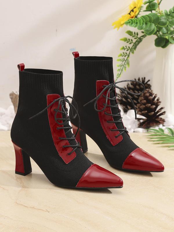 Women's Fashionable Patchwork Design Lace Up Ankle  Knitted Stretch Boots, Casual Comfortable Pointed Toe High Heel Boots for Daily Wear, Perfect for Office, Leisure, Festival