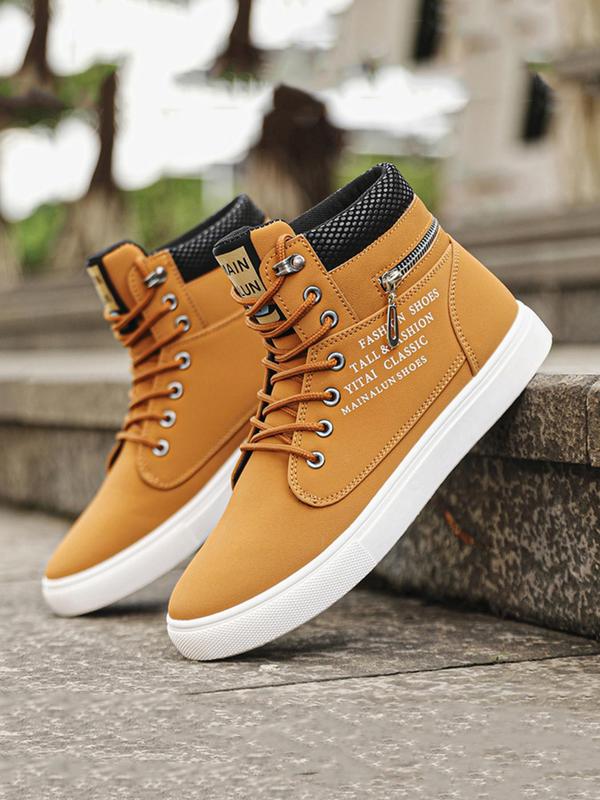 Men's Fashionable Letter Patched Design Lace Up High Top Sneakers, Casual Comfortable Sports Shoes for Outdoor Activities, Male All-match Round Toe Shoes for Men for Daily Wear