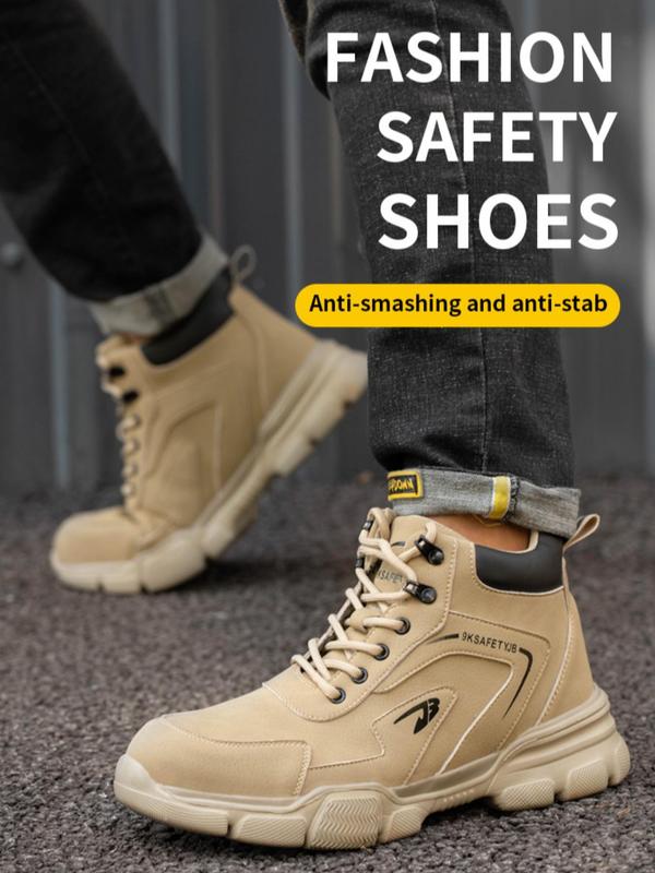 Men's Casual Lace Up High Top Safety Shoes, Lightweight Breathable Fall Outdoor Work Shoes, Comfortable Non-slip Anti-smashing Shoes for Daily & Back To School, Fall Outfits, Earthtone Fall Freshness,  Round Toe Boots