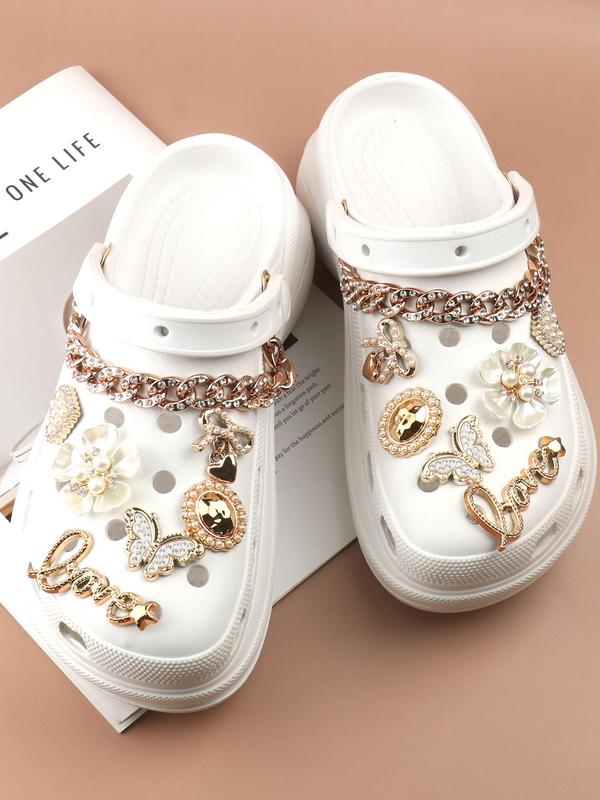 14pcs Fashionable Rhinestone & Letter Decorated Shoes Decorations, Chain & Bowknot Design Shoes Charm For Vented Crocs Clogs Decoration