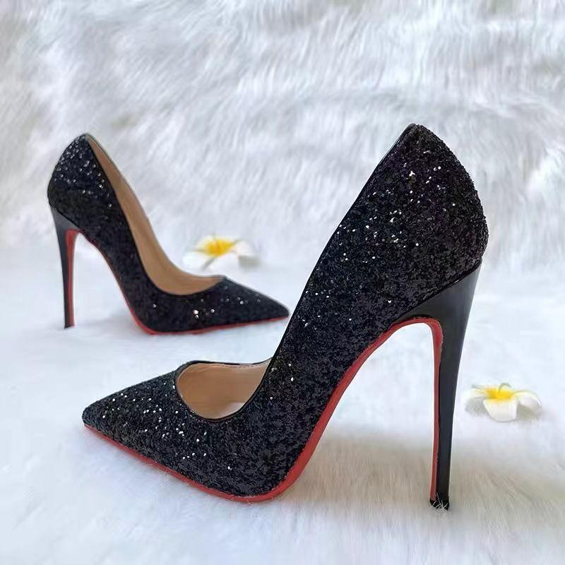 Fashion Casual High Heels Wedding Shoes Party Shoes Women's Black Paillette Stiletto Heel Pointed Bridesmaid Red Bottom Pumps Trendy All-Match Classy Walking Shoes