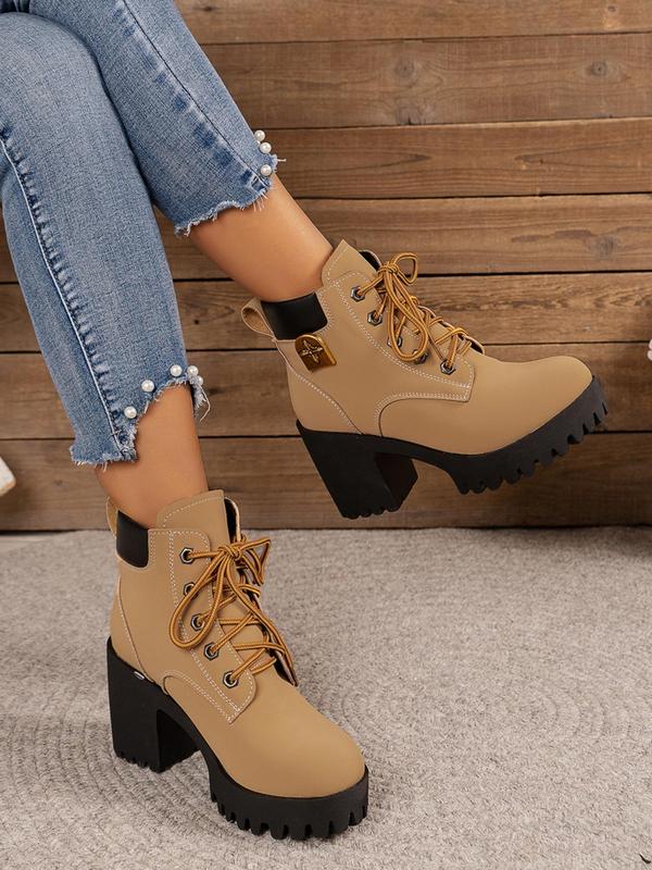 Women's Fashionable Lace Up Front Platform Ankle Boots, Casual Comfortable Warm Thick Sole Heeled Boots for Fall & Winter, All-match Boots for Daily Wear