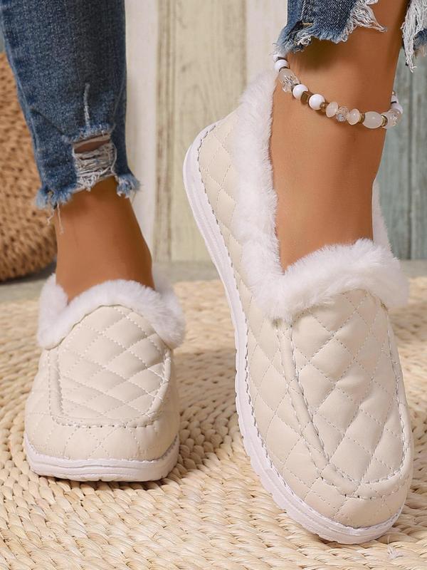 Women's Fashionable Quilted Design Plush Slip on Boots, Casual Comfortable Round Toe Flat Shoes for Fall & Winter, Female All-match Trendy Shoes for Daily Wear