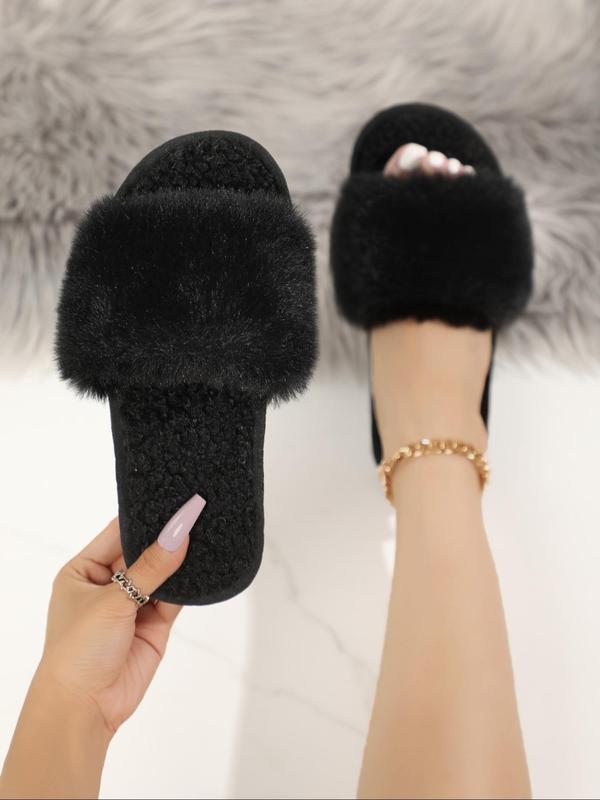 Women's Solid Color Fluffy Plush Slippers, Casual Soft Comfortable Home Slippers, Warm Slippers for Indoor & Outdoor Use for Fall & Winter